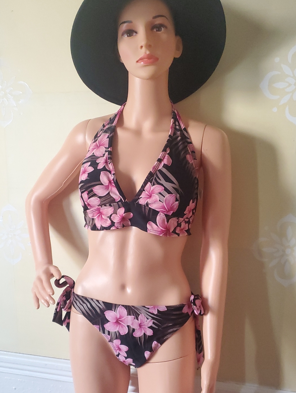 Black & Pink Floral Halter Bikini Top and Tie-Side Bottoms